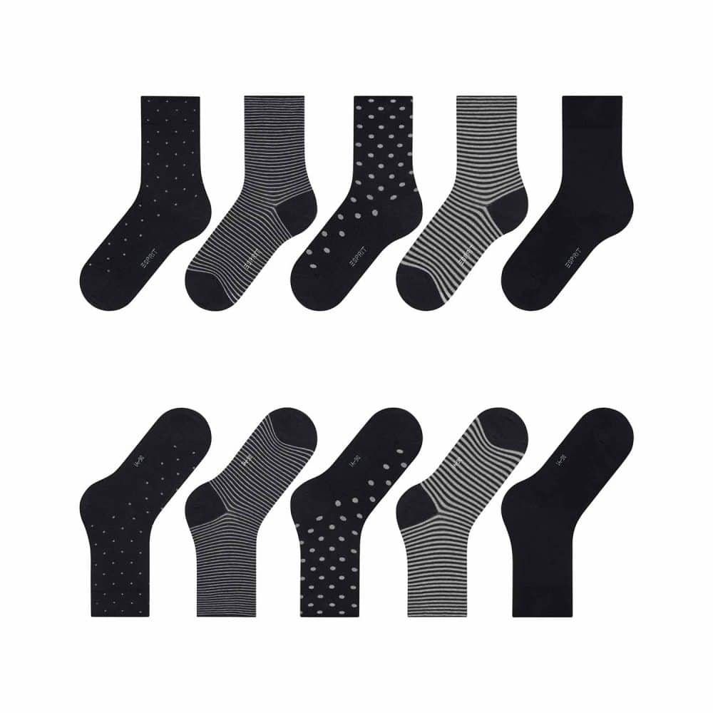 ESPRIT Dots & Stripes Black, 5-pack svarta damstrumpor i ekologisk bomull med randiga och prickiga mönster, bild uppifrån