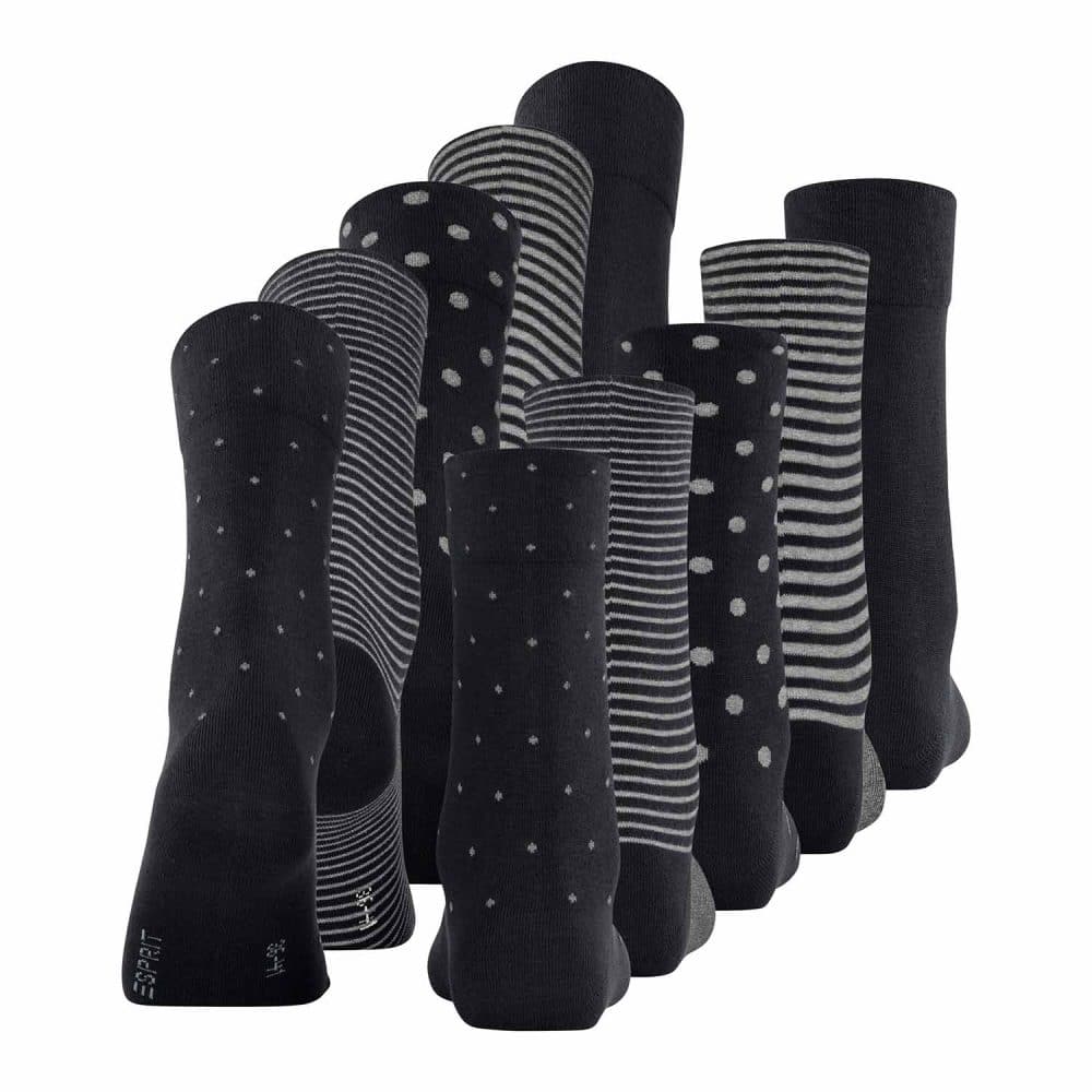 ESPRIT Dots & Stripes Black, 5-pack svarta damstrumpor med randiga och prickiga mönster, bild bakifrån
