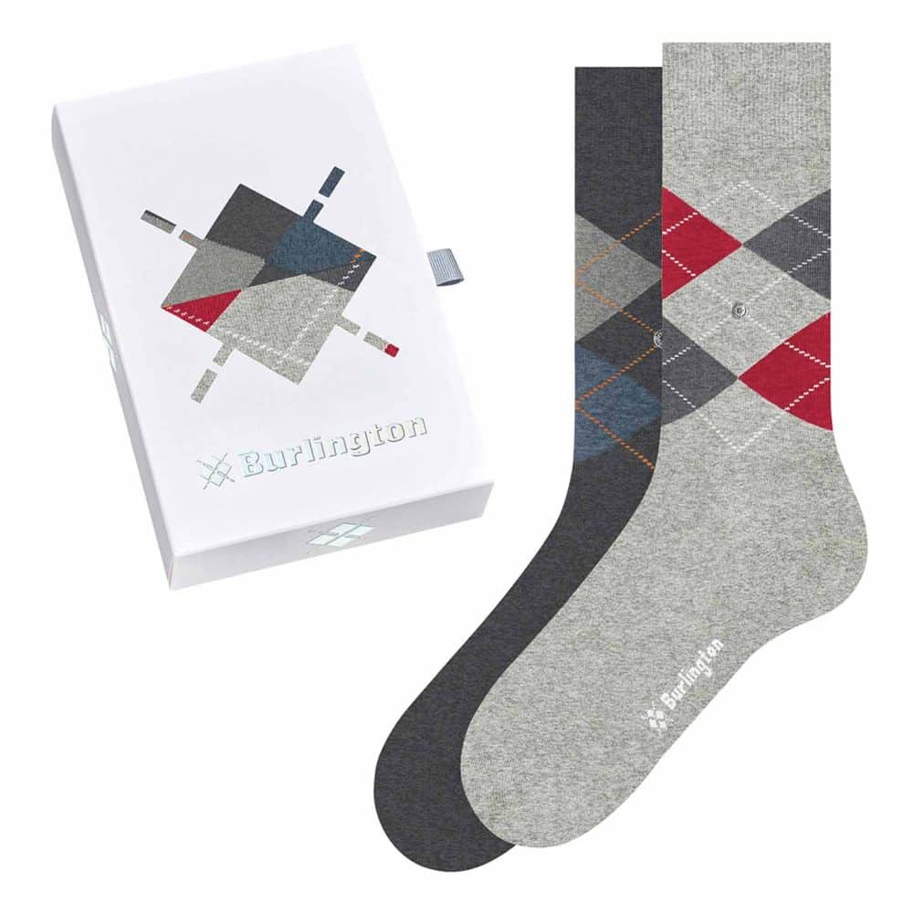 Burlington Basic Gift Box Grey - dubbelpack gråa herrstrumpor med argyle mönster i presentförpackning