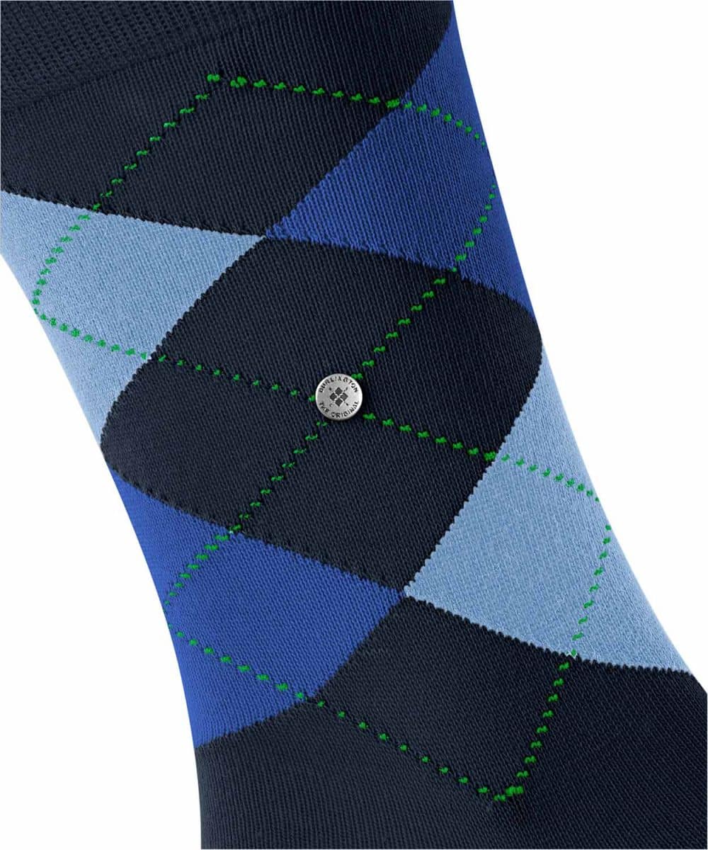BURLINGTON King Marine, mörkblåa herrstrumpor med blå-blå Argyle mönster, detalj av Burlingtons kända nitknapp logga