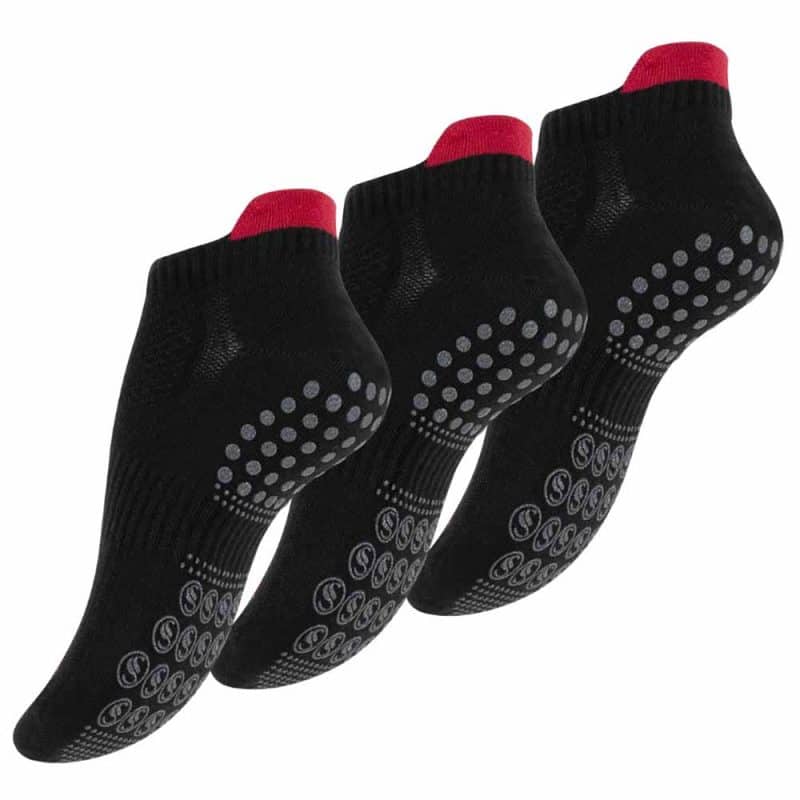 Sneakersstrumpor Yoga, 3-pack svarta ankelstrumpor med röd flärp i hälen och halkskydd